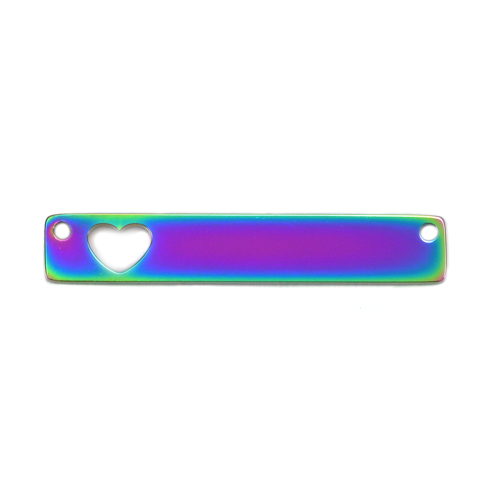 Metal Stamping Blanks Stainless Steel, Rainbow Color Rectangle Bar with Heart Cutout and Holes, 35mm (1.38") x 6mm (.24"), Pack of 2
